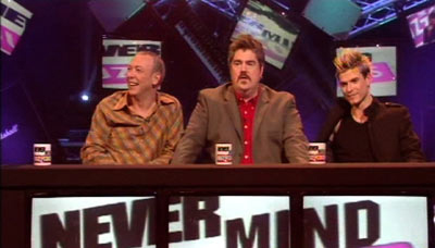 Gareth on Never Mind the Buzzcocks in 2004, with Phil Jupitus (centre) and Mikey Green from Phixx